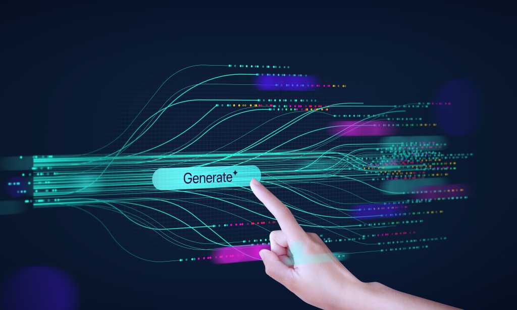 A hand showing AI tech with generative AI concept, artificial intelligence, cyber security, digital transformation, binary number background