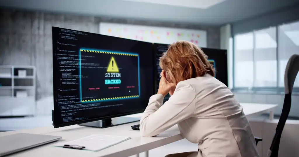 Senior Analyst Woman Worries About Cyber Ransomware Attack On Business PC.