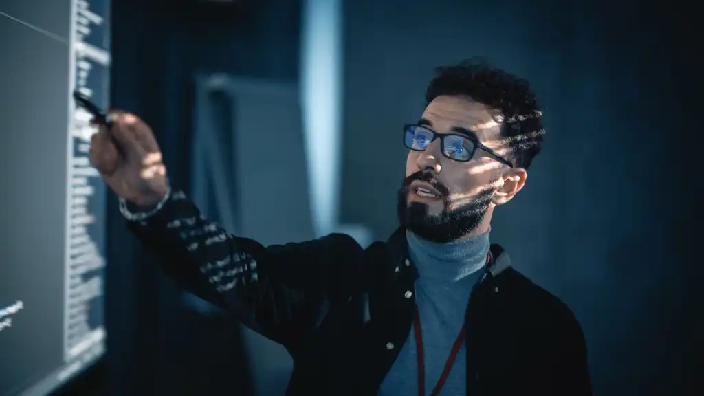 Business Conference Presentation: Visionary Startup CEO Presents New Product, Does Motivational Talk Science, Lecture, Technology, Entrepreneurship, Development, Leadership. Background with Code.