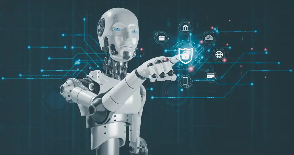 Artificial Intelligence Internet of Things Network Protection Global Business Robots Touch Key Protection Icons Digital technology concepts online marketing, data analysis, e-commerce connectivity
