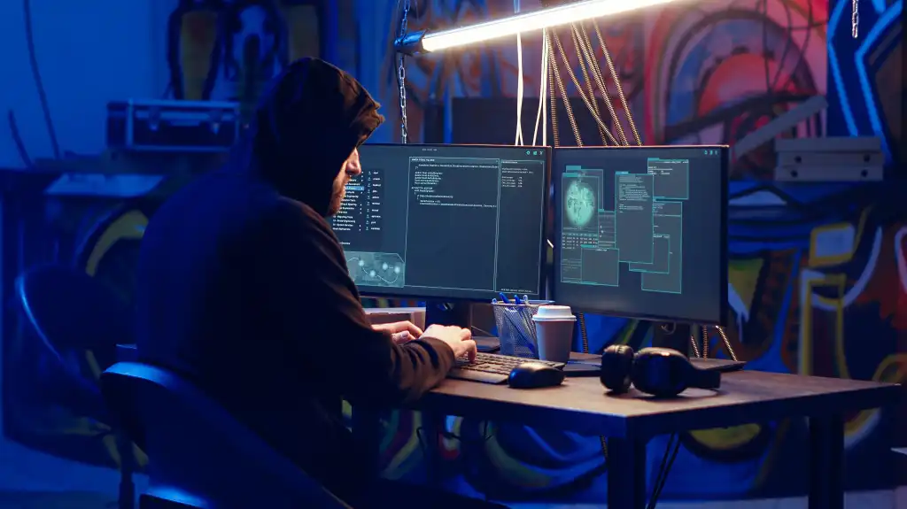 Hacker uses PC to target vulnerable unpatched connections, seeking to compromise digital devices and steal valuable sensitive data. Rogue programmer finds exploits for system vulnerabilities, camera B