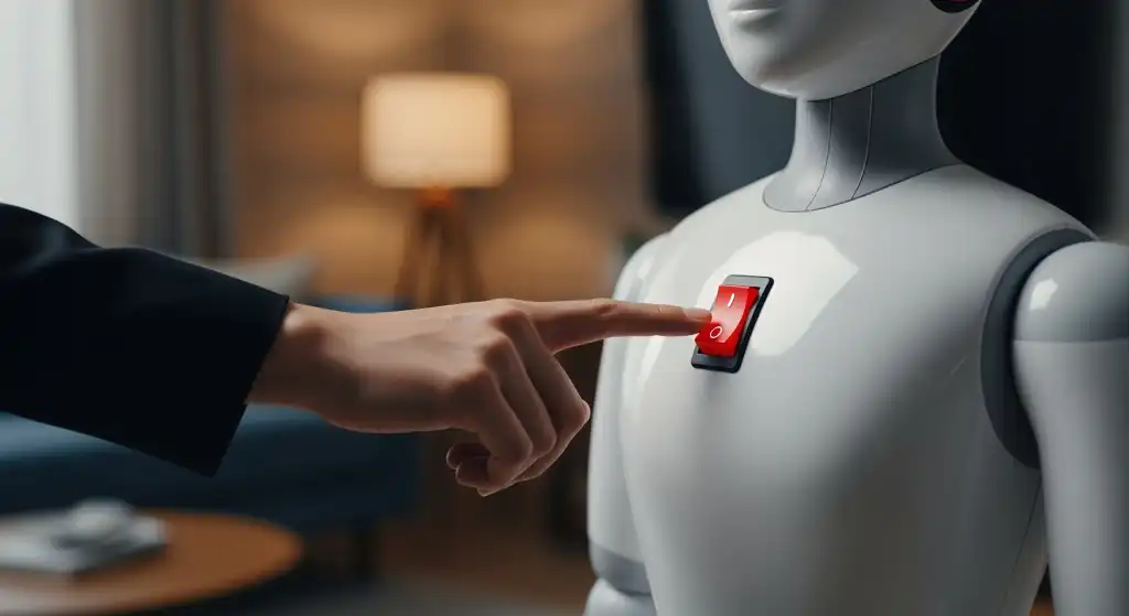 photo illustration of hand reaching to turn off AI robot
