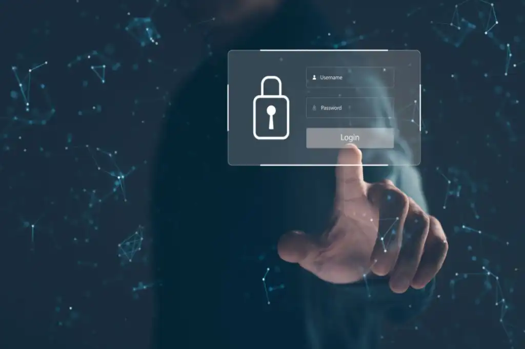 A businessman reaching out to touch a user type login, and password