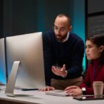 Minimal portrait of two people using computers while working in cybersecurity department with blue lights