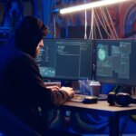 Hacker uses PC to target vulnerable unpatched connections, seeking to compromise digital devices and steal valuable sensitive data. Rogue programmer finds exploits for system vulnerabilities, camera B