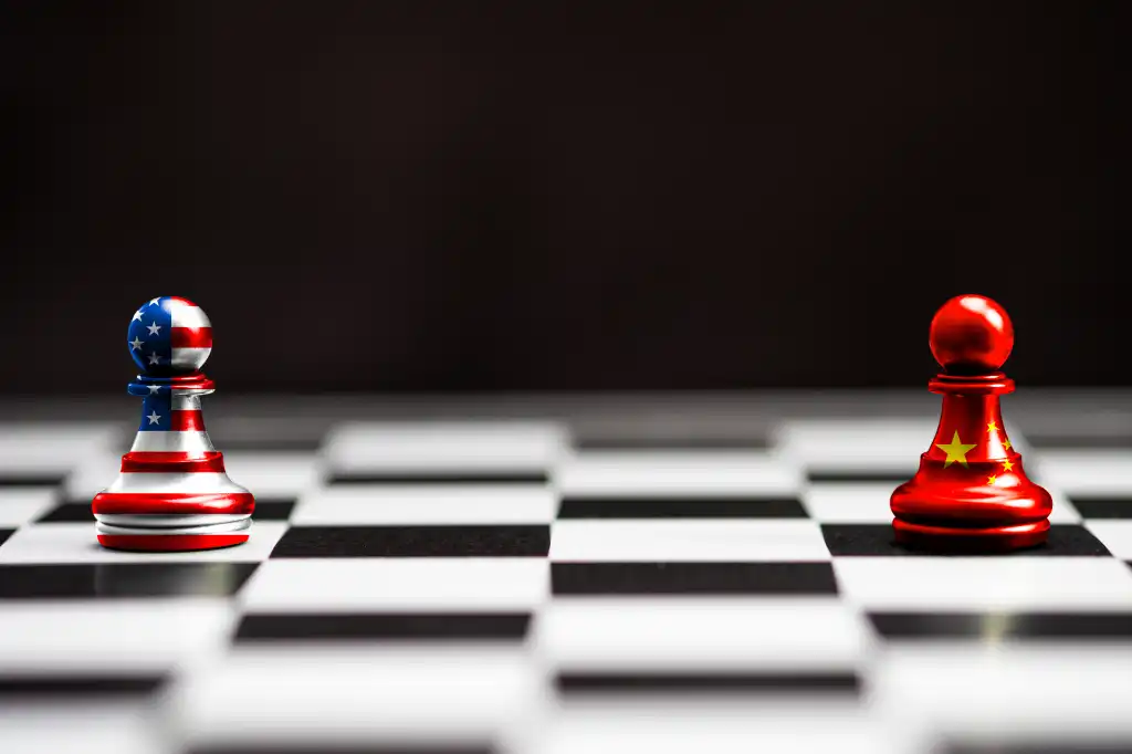 USA flag and China flag print screen on pawn chess.It is symbol of tariff trade war and tax barrier between United States of America and China.-Image.