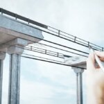 Hand drawing destroyed bridge on abstract sky background. Engineering and project concept.