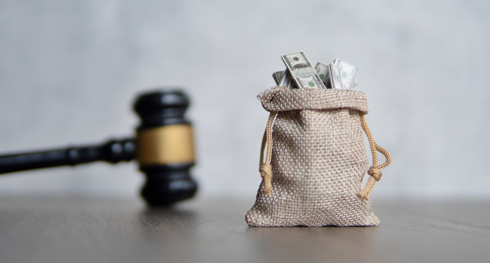 A picture of a bag of money and a judge