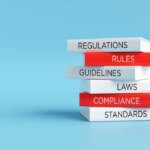 Books forming a stack with words regulations, rules, guidelines, laws, compliance and standards, compliance concept. 3D render.