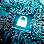 Computer encryption symbol on a circuit board