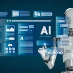 Ai technology. Artificial Intelligence. Humanoid Robot use AI tools for generate images, write code, writer bot, translate, advertising. AI assistant. Text to music, video. chatbot. LLM. AI robot.