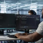 Admin in server hub tasked with protecting valuable data against hacking attack on computers. African american worker safeguarding data center against unauthorized access and vulnerabilities, camera B
