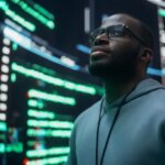 Portrait of Worried Professional Programmer Fixing a Bug, Dealing with Crashing System. Young Black Man Looking at Big Digital Screens Glitching While Displaying Code Lines, Thinking of Solutions