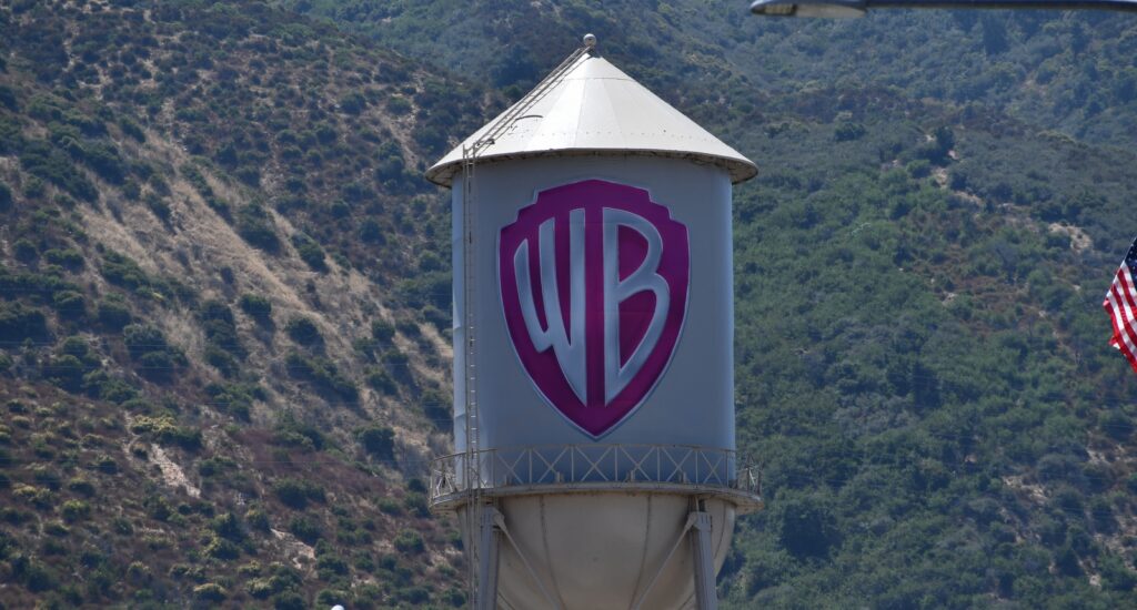A picture of the Warner Brothers logo on a water tower
