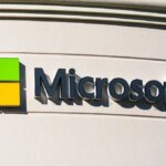 Microsoft sign and logo on the facade of corporation campus in Silicon Valley. The company headquartered in Redmond, Washington - Mountain View, California, USA - 2019