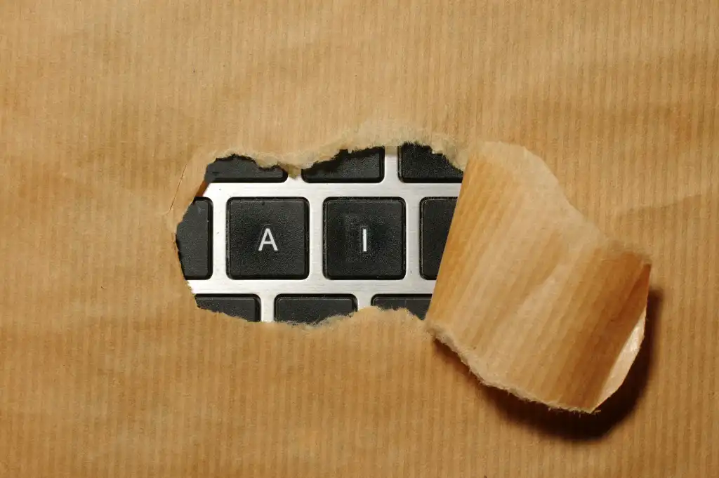 A piece of cardboard with AI on a keyboard appearing through it