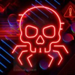 A glowing red skull with spider legs on a circuit board, warning symbol, and injected payload code symbolizes cybersecurity threats and data breaches.