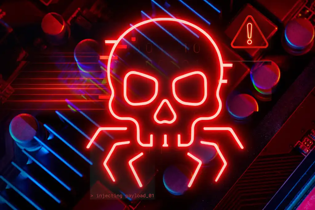A glowing red skull with spider legs on a circuit board, warning symbol, and injected payload code symbolizes cybersecurity threats and data breaches.