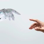 A futuristic image of a robotic hand reaching out to a human hand, symbolizes future technology. This blend of technology and humanity of the connection between human and robotic artificial intelligence AI interactions.