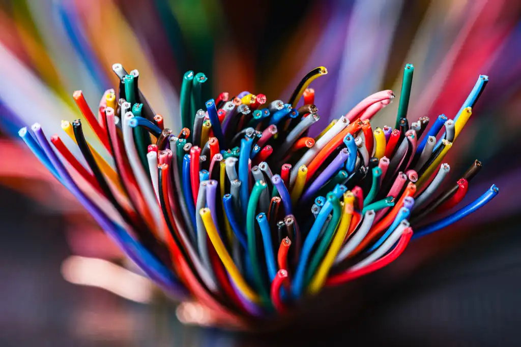 Bundle of thick colorful electrical cables used in telecommunication and information systems. Industrial wiring representing network infrastructure, power distribution, and technical connectivity.