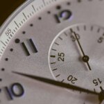 Closeup of a silver watch face.
