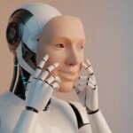 Illustration of robot holding a human face mask