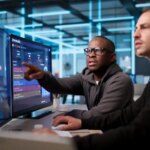 Two Cybersecurity Analysts Monitoring Network Threats Using Advanced Software Tools.