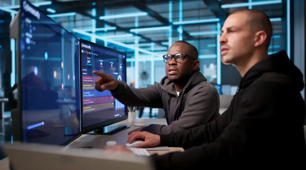 Two Cybersecurity Analysts Monitoring Network Threats Using Advanced Software Tools.