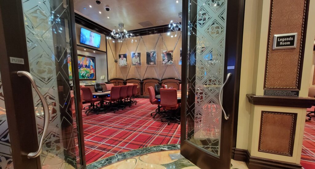 A picture of the high-stakes poker area at the Bellagio