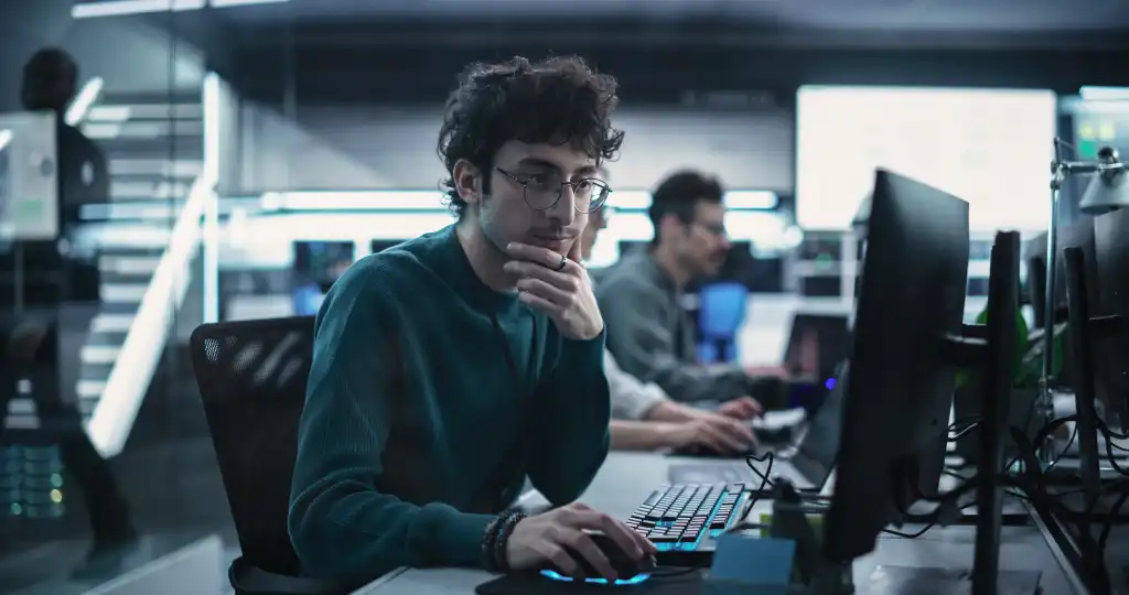 Portrait of a Thoughtful Engineer Working on Desktop Computer in a Technological Office Environment. Research and Development Department Writing Software Code for an Innovative Internet Project