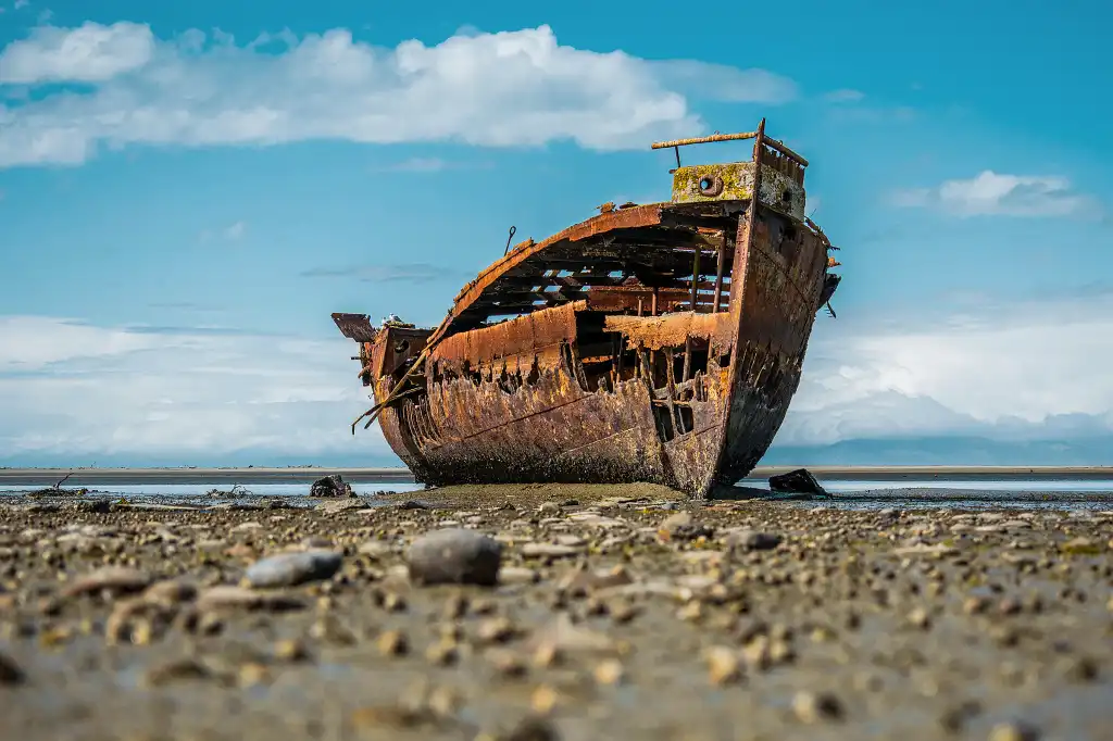 Abandoned boat  >  Janie Seddon Shipwreck, Motueka, New Zealand