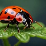 close up of a beautiful ladybug on a green leaf against a green black background