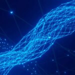 a blue abstract background with lines and dots, data flow, data stream, network traffic