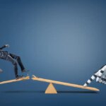 A small businessman falls from a broken plank of a see-saw when a robotic arm presses on its another side. Human vs robot. New technologies in business. Automation of business processes.