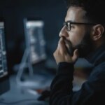 Handsome Smart Male Student, Studying in University with Diverse Multiethnic Classmates. He Works on Desktop Computer in College. Applying His Knowledge in Writing Code, Developing Software.