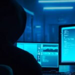 Computer Hacker in Hoodie. Obscured Dark Face. Concept of Hacker Attack, Virus Infected Software, Dark Web and Cyber Security.