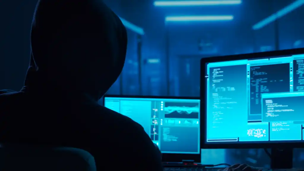 Computer Hacker in Hoodie. Obscured Dark Face. Concept of Hacker Attack, Virus Infected Software, Dark Web and Cyber Security.