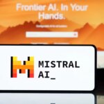 Mistral French AI company logo on screen. March 2, 2025 Mistral AI