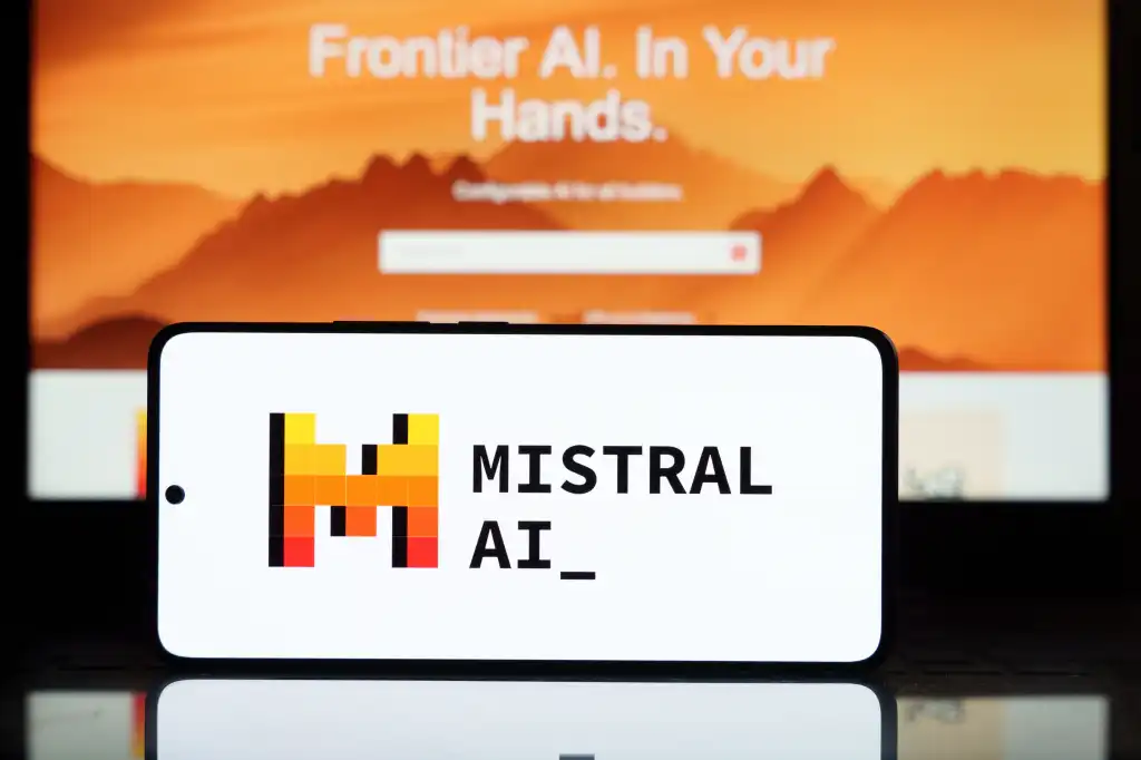 Mistral French AI company logo on screen. March 2, 2025 Mistral AI