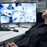 Security guard, computer screen and tired by cctv monitor for protection, data center or building safety. Inspection, control room with footage and video surveillance agency, tech and sleeping man