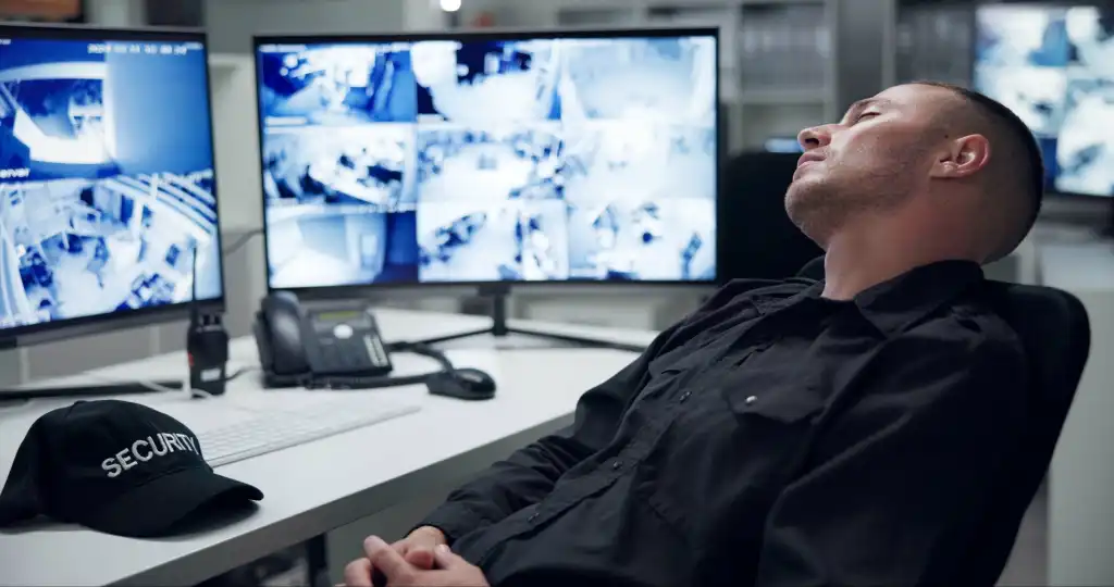 Security guard, computer screen and tired by cctv monitor for protection, data center or building safety. Inspection, control room with footage and video surveillance agency, tech and sleeping man