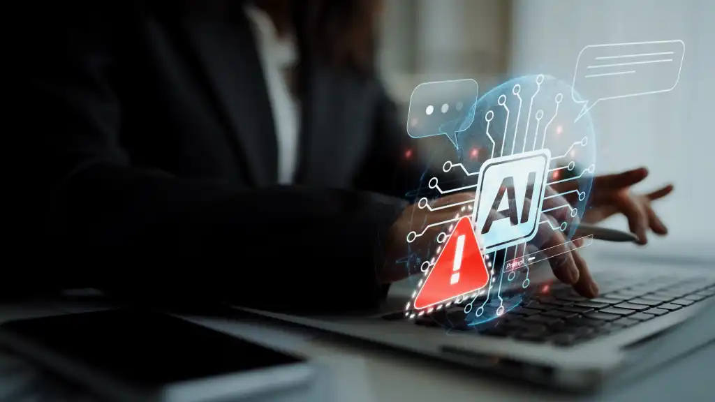 AI interface showing prompt error warning and system alert. AI prompt failure can lead to incorrect output or hallucination. Managing AI prompt error is crucial in safe AI deployment. Muxer