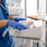 Healthcare worker wearing blue scrubs and gloves operating a medical ultrasound device