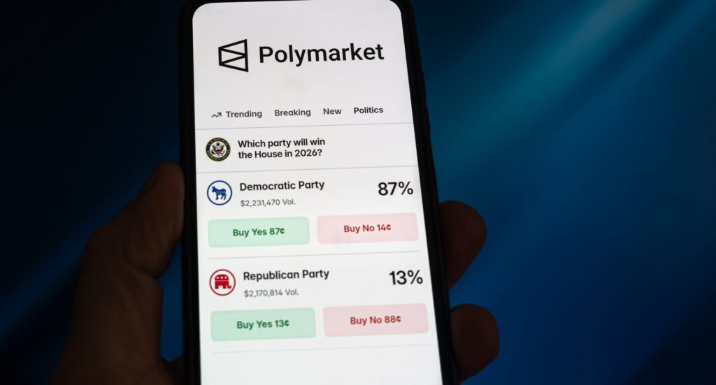 A picture of a potential Polymarket bet on a cell phone.