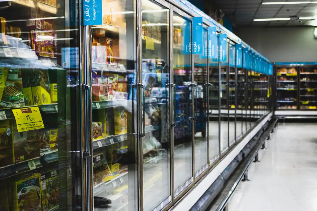 Freezer aisle in a grocery store.