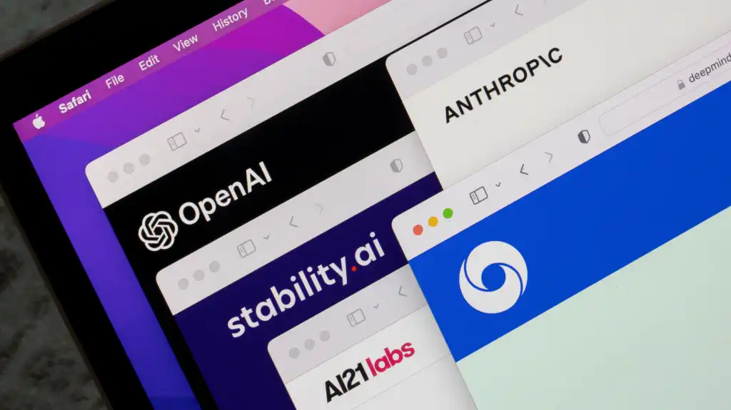 OpenAI, Stability AI, AI21 Labs, Anthropic, and Deepmind logos on their websites
