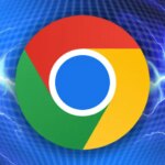 google chrome logo over blue grid background with lightning streaks