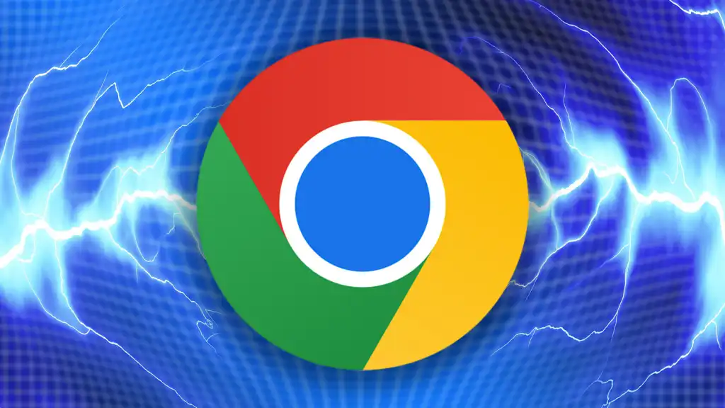 google chrome logo over blue grid background with lightning streaks